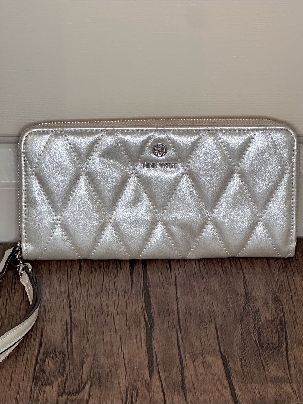 Nine West Metallic Silver Quilted Wristlet
